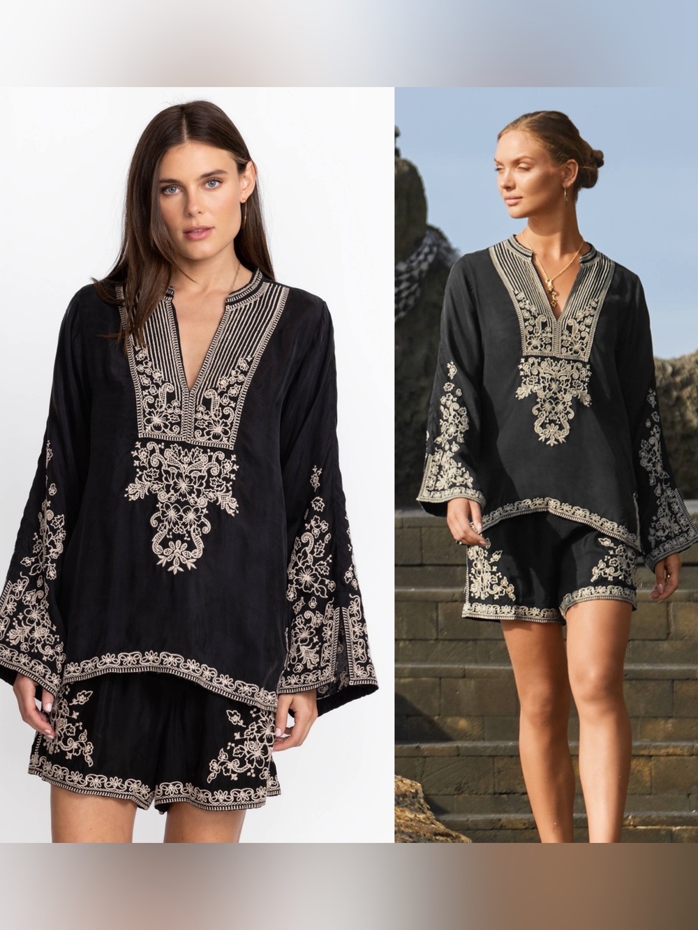 Johnny Was Tempest top & shorts matching set vacay black ivory embroidered XXL